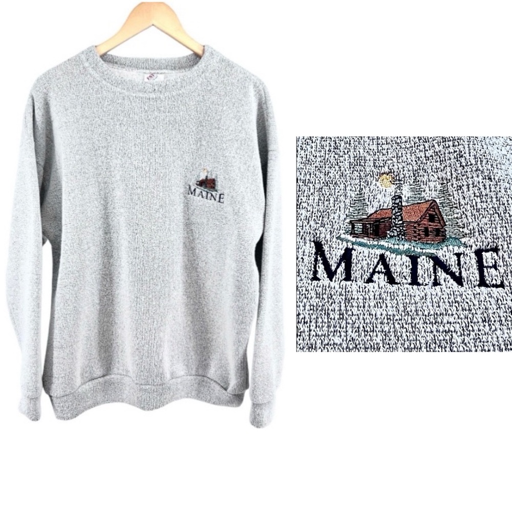 Vintage Maine Fleece Crewneck Sweatshirt Adult Large Heather Gray Embroidered